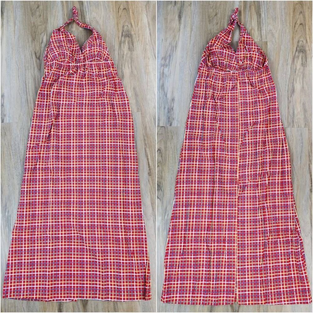 🔸️Vintage Red & Primary Colored Plaid Sleeveless Maxi Dress Small - Picture 3 of 12